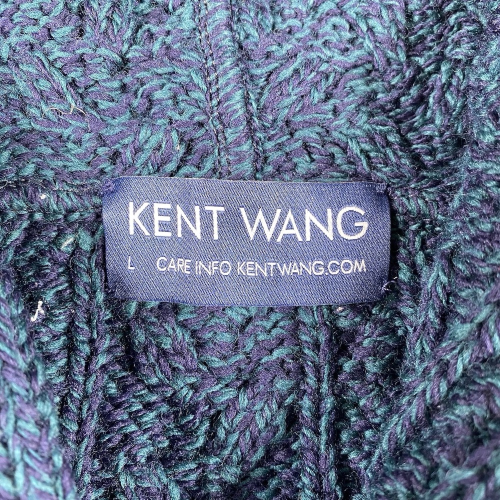 Kent Wang Hoodie Sweater Mens L Blue Merino‎ Wool Cable Knit Speckled Full Zip - Picture 5 of 10